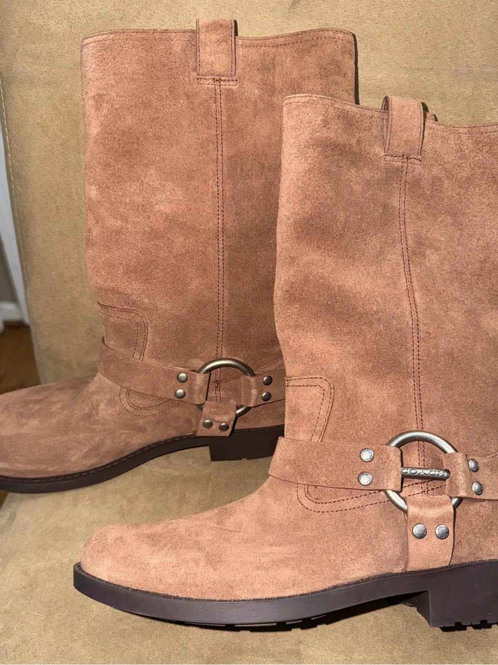 Coach Suede Mid-Calf Harness Boots in Tan